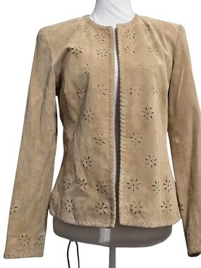 Kate Hill Beige Suede Leather Laser Cut Jacket Blazer Boho Western Open Front 4P